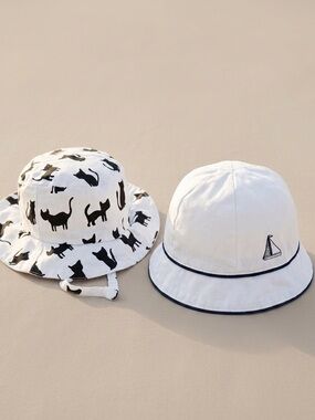 Bundle of 2 Baby White Cotton Bucket Hats - Cat Print & Sailboat 6 Months